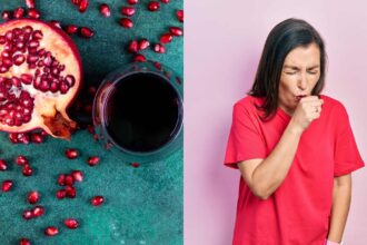 A woman coughing, a pomegranate