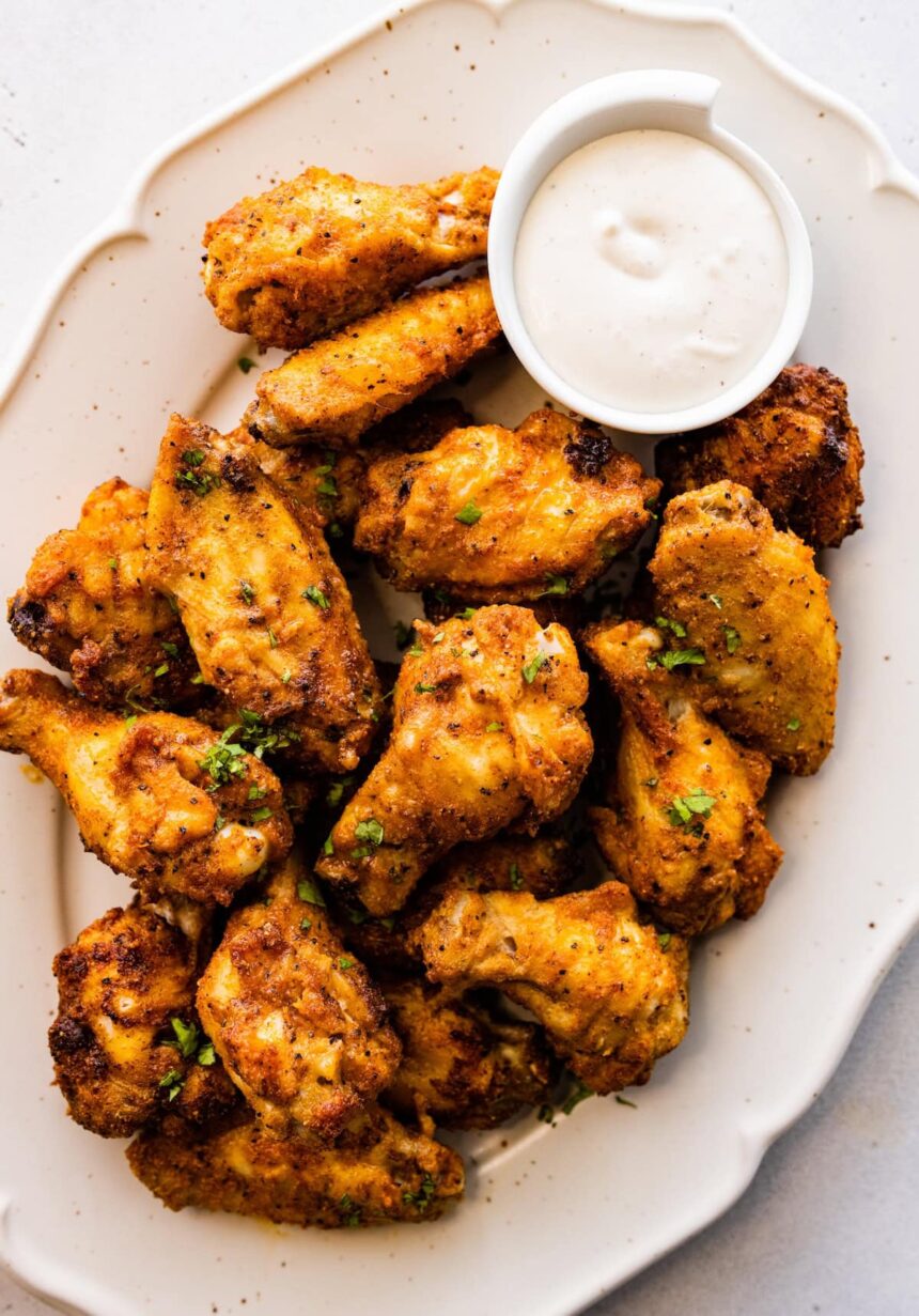 A large plate of air fried chicken wings topped with fresh herbs with a side of ranch.