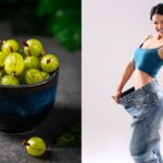 A bowl of amla and a girl stretching the waist of her jeans