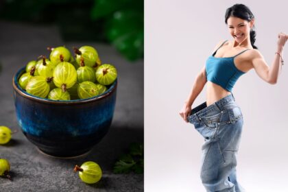 A bowl of amla and a girl stretching the waist of her jeans