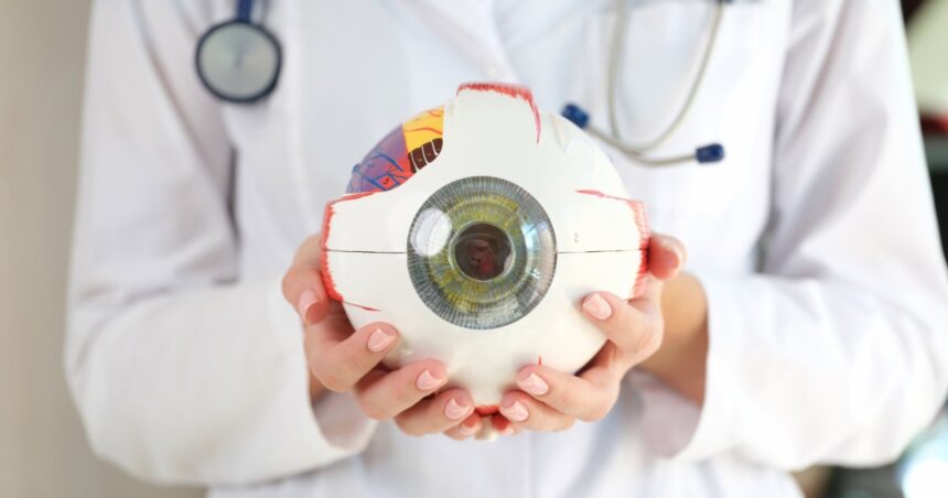 Doctor holding model of an eyeball