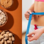 woman measuring her waist and peanuts