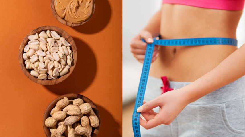 woman measuring her waist and peanuts