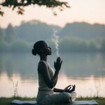 A serene setting with a peaceful atmosphere. A figure, perhaps an animal or nature scene, practicing deep breathing exercises in a calm and controlled manner