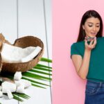 Coconut pieces and a woman indicating that she has lost weight