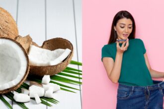 Coconut pieces and a woman indicating that she has lost weight