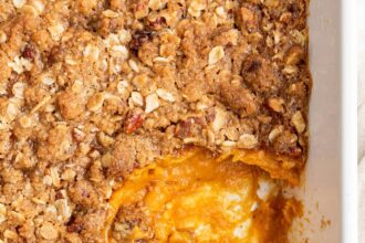 Healthy green bean casserole in a baking dish.