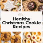 Collage of four different cookies: sugar cookies, peppermint chocolate cookies, peanut butter blossoms and thumbprint cookies.