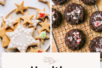 Collage of four different cookies: sugar cookies, peppermint chocolate cookies, peanut butter blossoms and thumbprint cookies.